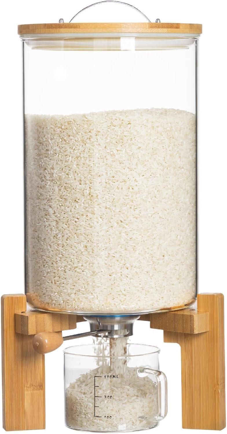HBlife 8-10 Lbs Glass Rice Dispenser with Wooden Stand Flour and Cereal Container with Glass Measuring Cup Pantry Food Organization Storage Bin with Airtight Bamboo Lid, 5L