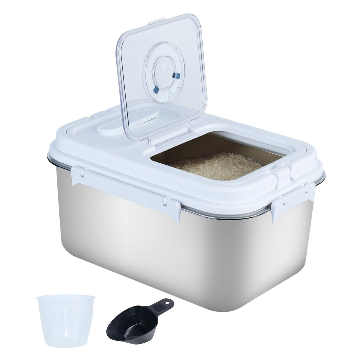 15Lbs Airtight Rice Container with Flip Lid, Stainless Steel Food Storage Container with Date Tracker, Measuring Cup and Spoon, 7.5L Portable Kitchen Pantry Bin for Flour Grain Sugar - Silver
