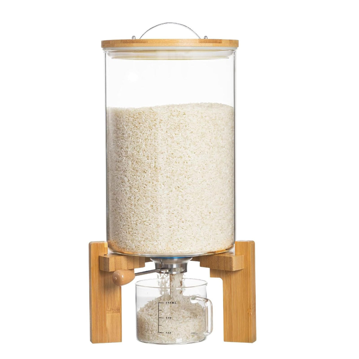 Rice Dispenser, Rice Storage Container, Flour and Cereal Container for Kitchen Organization and Pantry Store, Glass Cereal dispenser with Airtight Lid and Wooden Stand 5L