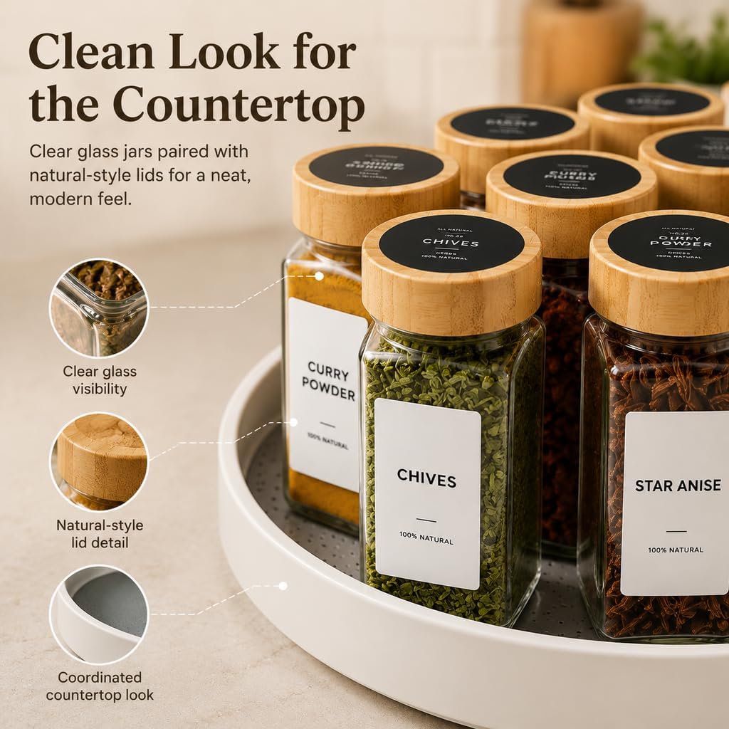 EHME EHME EHME 14 Pcs Glass Spice Jars Bamboo Lids with Lazy Susan Turntable Set, 10 Inch Non-Skid Lazy Susan Seasoning Containers Organization for Kitchen Cabinet Countertop, Spice Label Included.