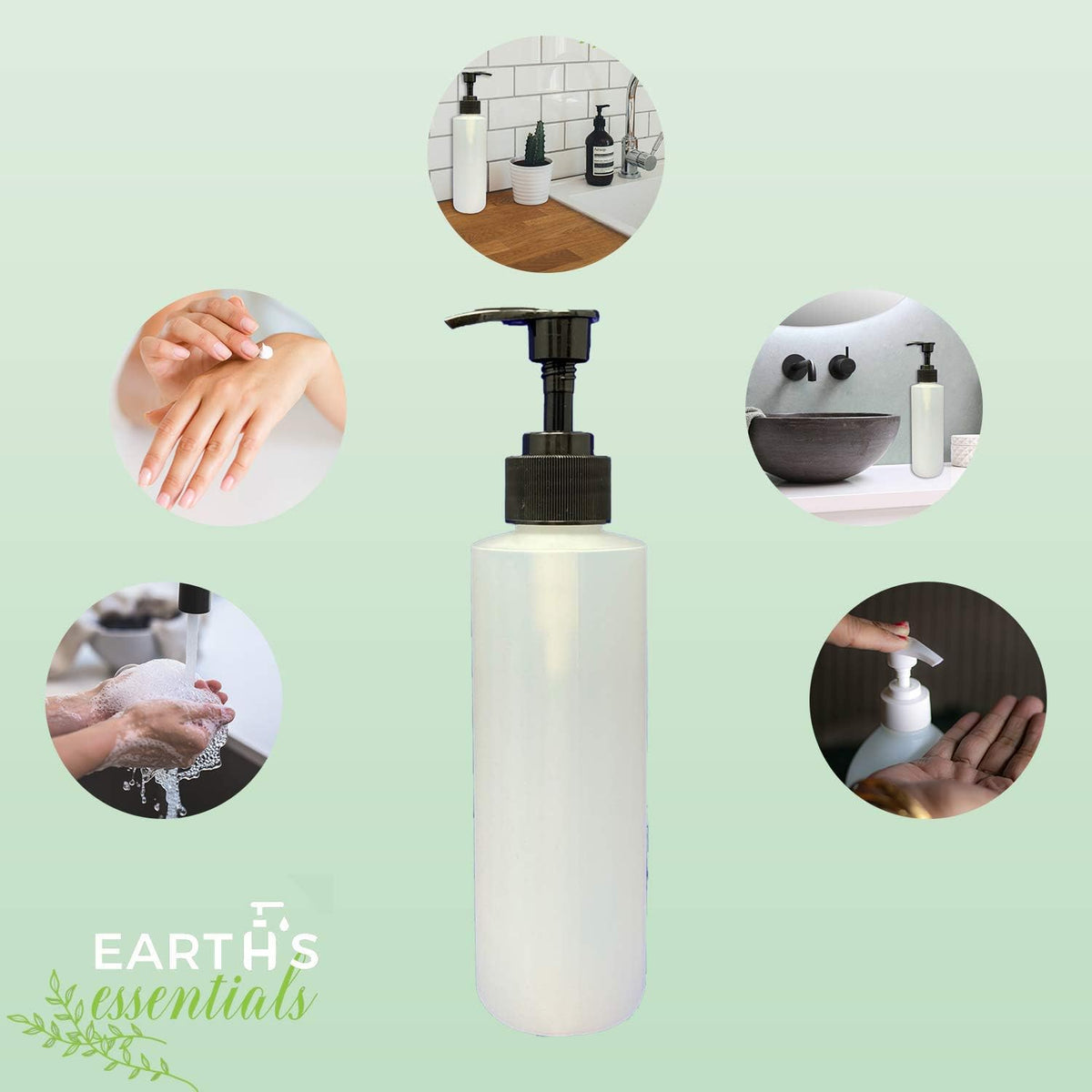 Earth's Essentials Four Pack of Refillable 8 Oz. HDPE Plastic Pump Bottles with Patented Screw On Funnel-Great for Dispensing Lotions, Shampoos and Massage Oils.