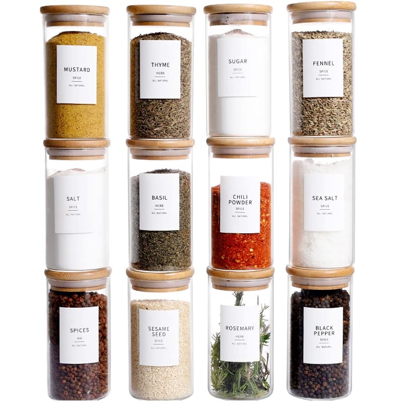 Glass Spice Jars with Bamboo Lids - 20 Pcs Thicken(2.4mm) 4oz Airtight Seasoning Containers with 131 Waterproof Minimalist Spice labels Preprinted - Small herb Jars for Pantry Organization and Storage