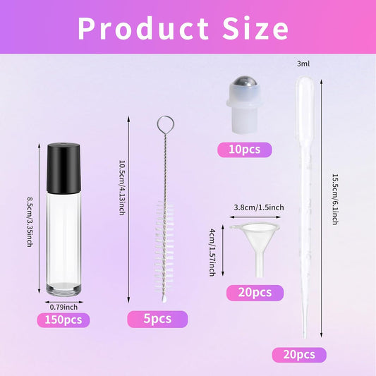 150 Pcs Glass Essential Oil Roller Bottles 10 ml, Clear
