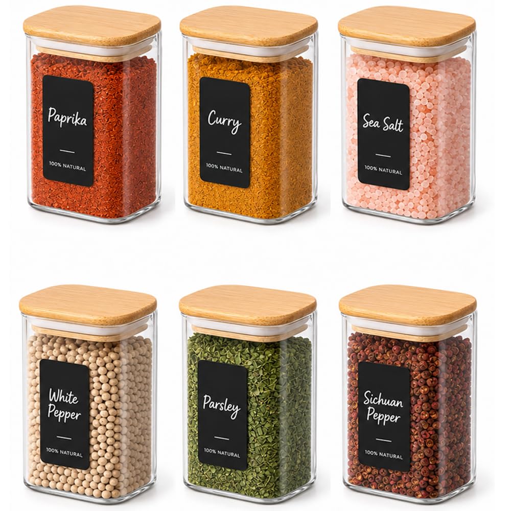 ComSaf Glass Spice Jars 8oz Set of 6, Seasoning Containers with 9 Labels