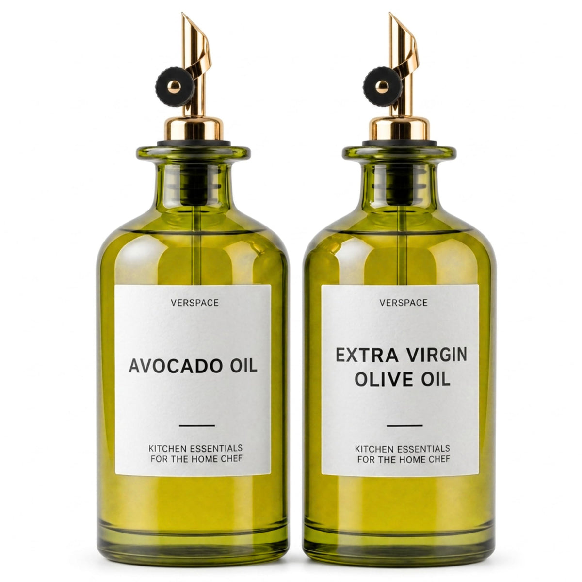 Verspace Green Glass Olive Oil Dispenser Bottles For Kitchen - 2 Pack - 12oz Includes 42 Kitchen Essential Labels, Avocado Oil Dispenser Set, Modern Decor for Home, Airbnb, Cafe