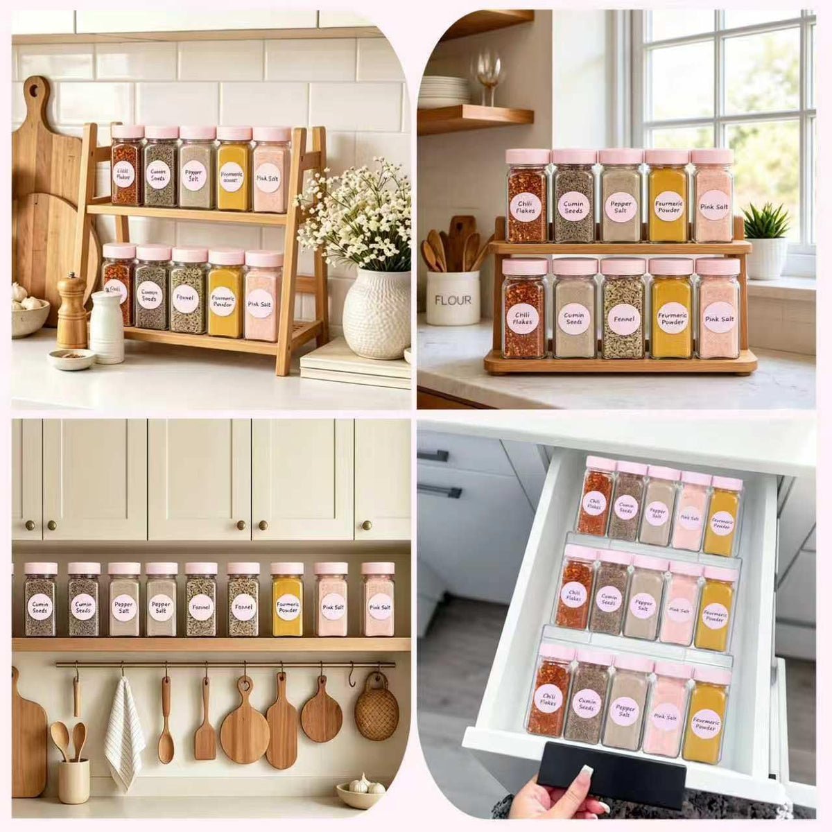 6 Pcs Glass Spice Jars with Label, 4oz Pink Airtight Seasoning Containers