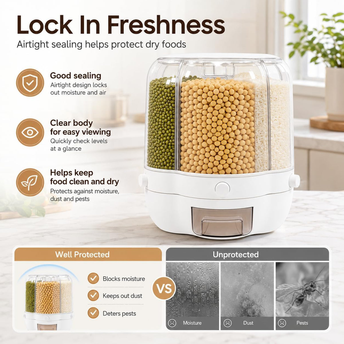 6-Compartment Rotating Rice Dispenser, 27lbs Storage Container for Dry Food