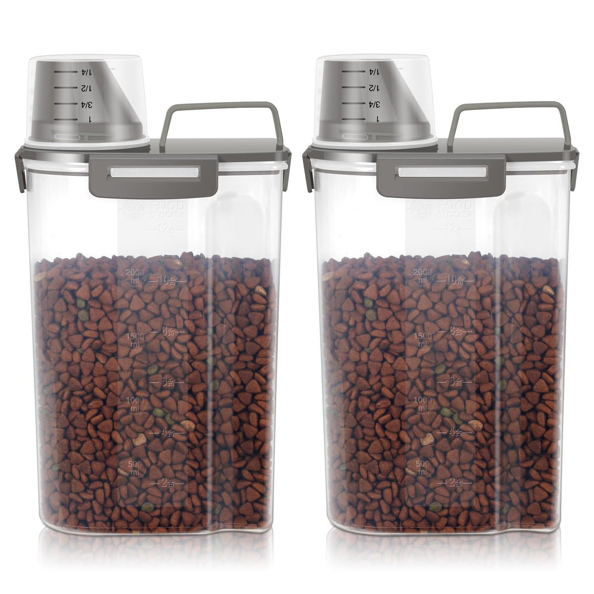 LEAWALK 3-5Lbs/3Qt Dog Cat Food Storage Container With Foldable Bowl., Plastic Pet Food Dispenser for Small Animal Kibble/Pet Food/Bird Seed/Oatmeal/Rice/Flour/Brown Sugart/Cereals (Clear Grey)