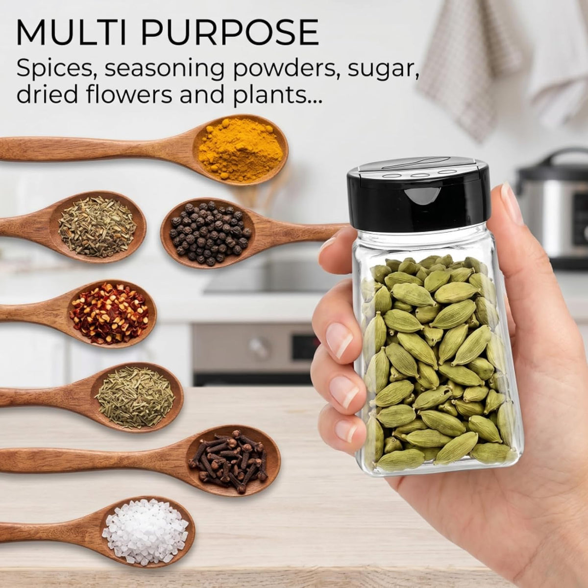 Tebery 24 Pack 9 Oz Plastic Spice Jars with Black Cap, Reusable Seasoning Containers Bottles for Kitchen Organization, Clear Plastic Spice Container with Shaker Lids for Spices Powders Herbs