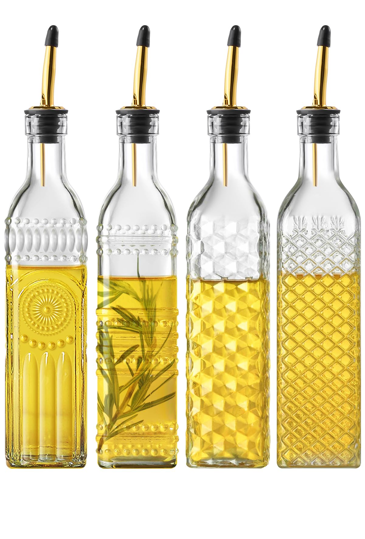 4 Pcs Olive Oil Dispenser Bottle for Kitchen, 17oz Clear Glass Oil and Vinegar Dispenser Bottle Set with 4 Stainless Steel Spouts and 1 Funnel (Square)