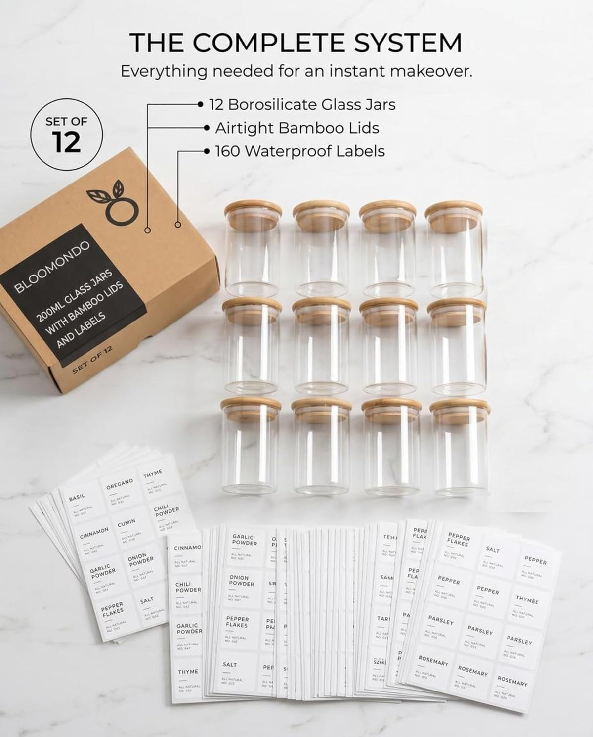 Bloomondo Glass Spice Jars with Label Pack (12x Bamboo Lid Glass Jar) Small 6oz Empty Spice Storage Bottles with 112 Printed Stickers and 48 Writable Pantry Labels for Seasoning Containers
