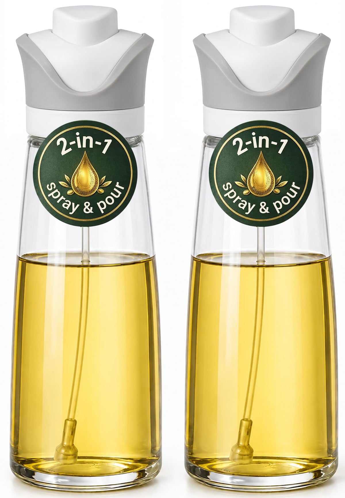 Olive Oil Dispenser for Kitchen 2-in-1 Pour and Spray | 11.5 oz / 340 ml | Glass Olive Oil Sprayer for Cooking, Airfryer, Salad & BBQ | Set of 2 Bottles, Green