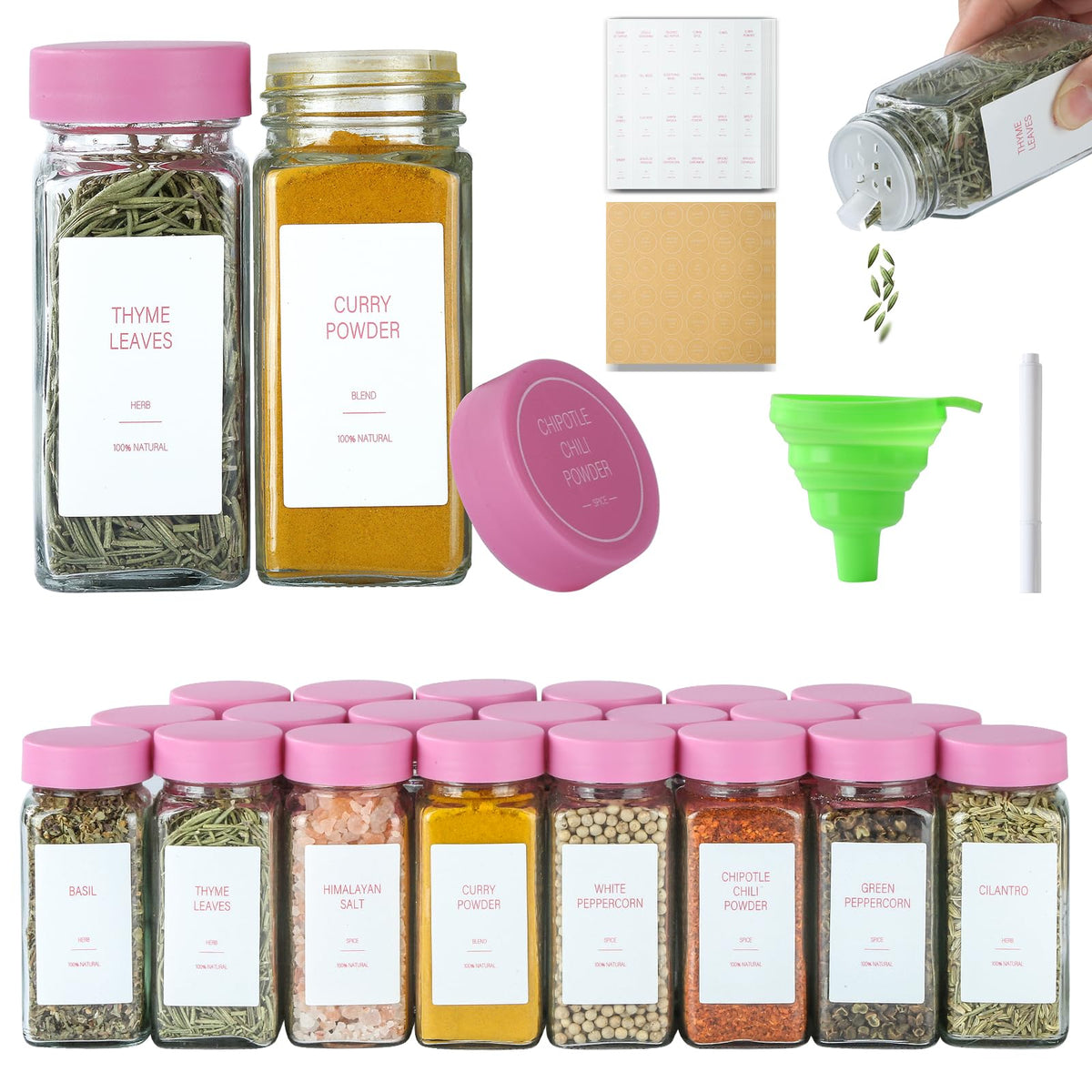 24 Spice Jars with Label, Glass Spice Bottles With Shaker Lids