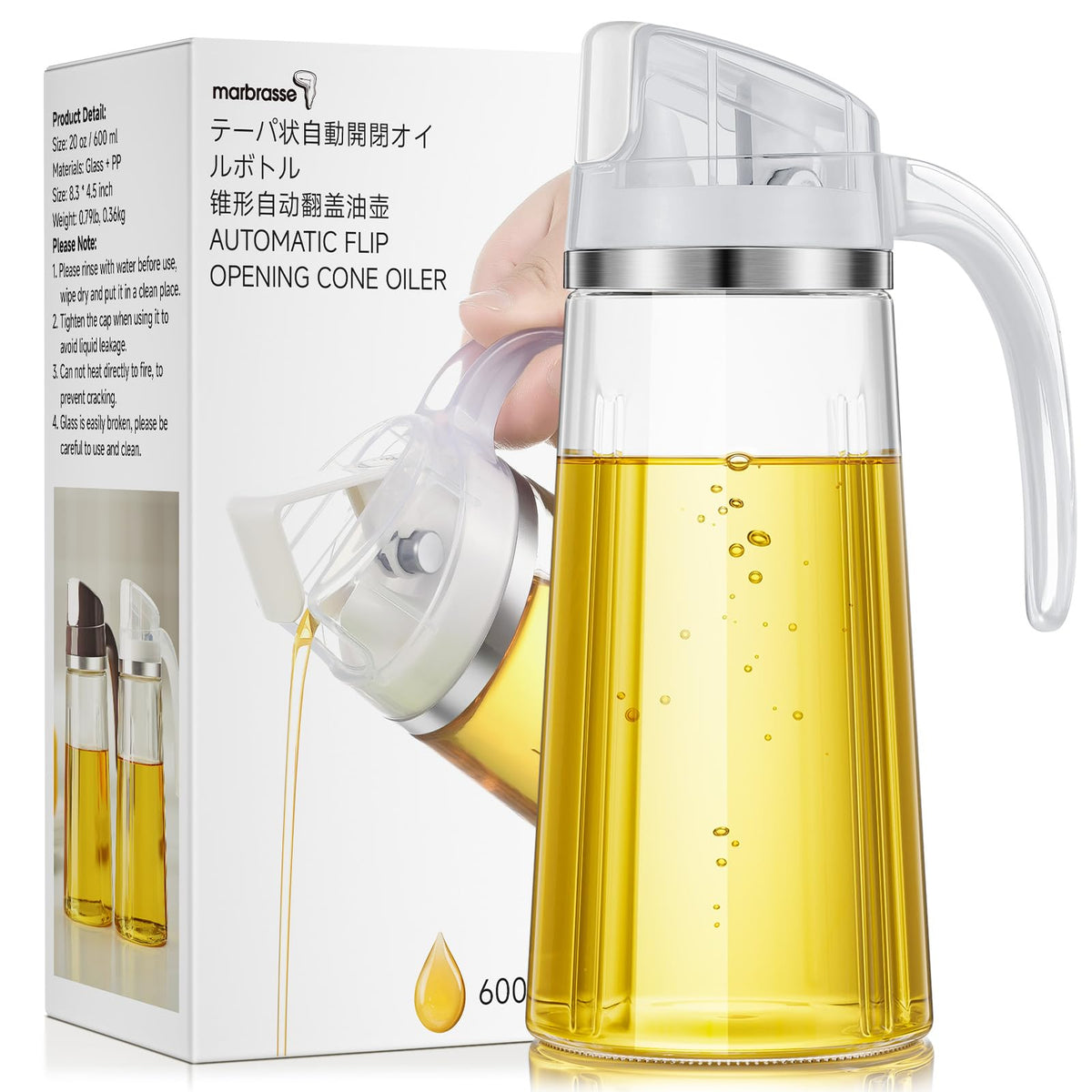 Marbrasse 20oz Glass Oil Dispenser Bottle with Auto Flip Cap, White