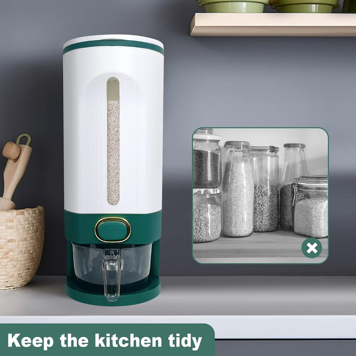 25 Lbs Rice Dispenser,One-Touch Rice Storage with Measuring Cup and Lids