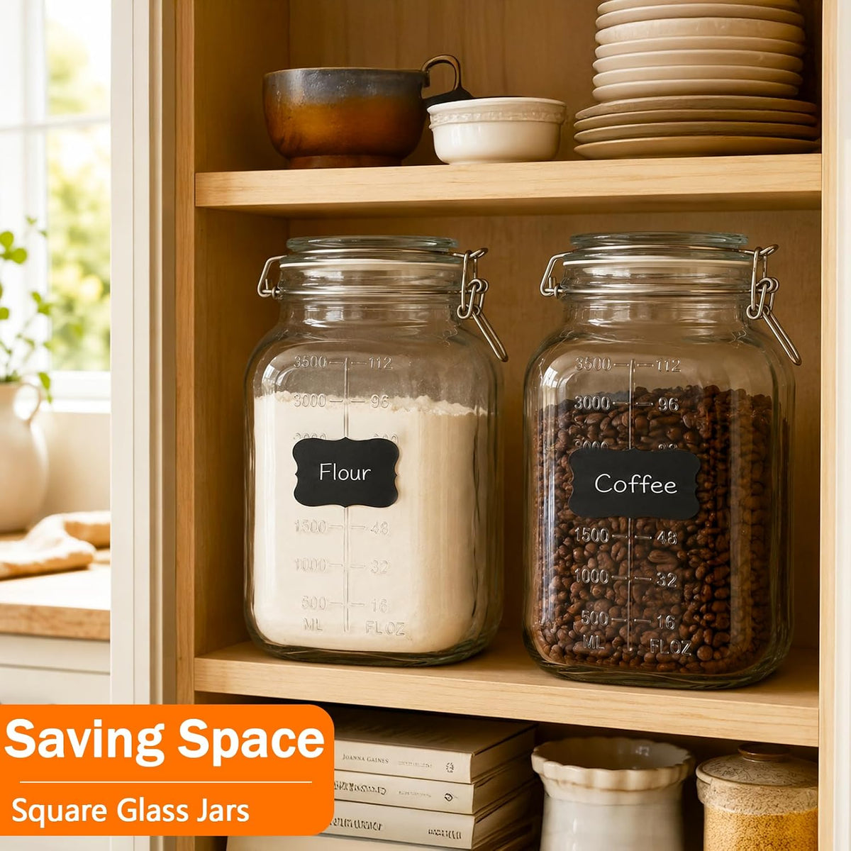 1.1 Gallon Glass Food Storage Containers with Airtight Lids, 2 Pack Large Flour Sugar Storage containers, Wide Mouth, Scoops, 8 Labels Included, Mason Jar for Pantry Organization, Pickling, Leak Proof