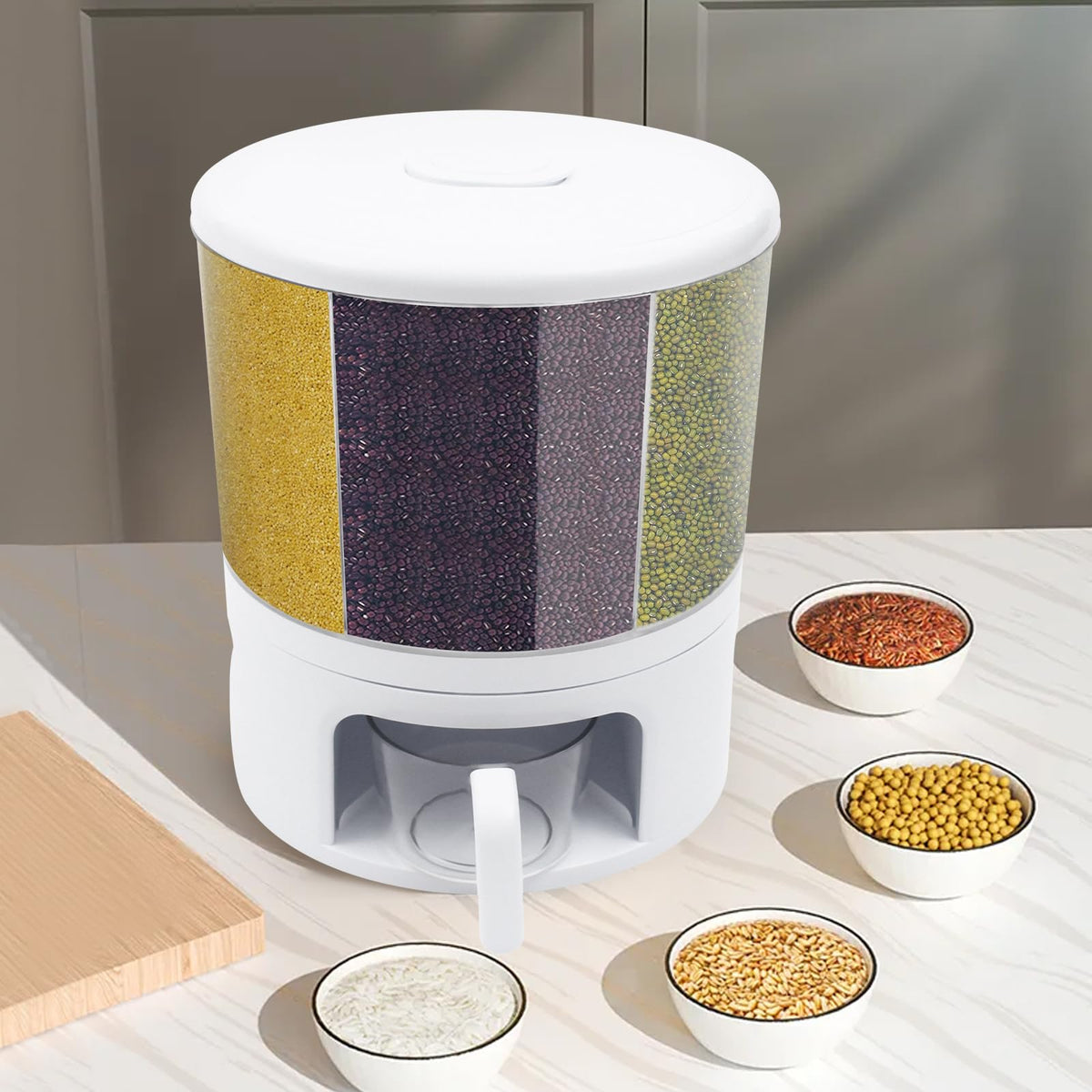 6 Grids Rice & Grain Storage Container Rice Dispenser 360° Rotating Food Dispenser Grain Dispenser One-Button Pressing Storage Bucket for Grains Snacks Candy Coffee Beans Dog