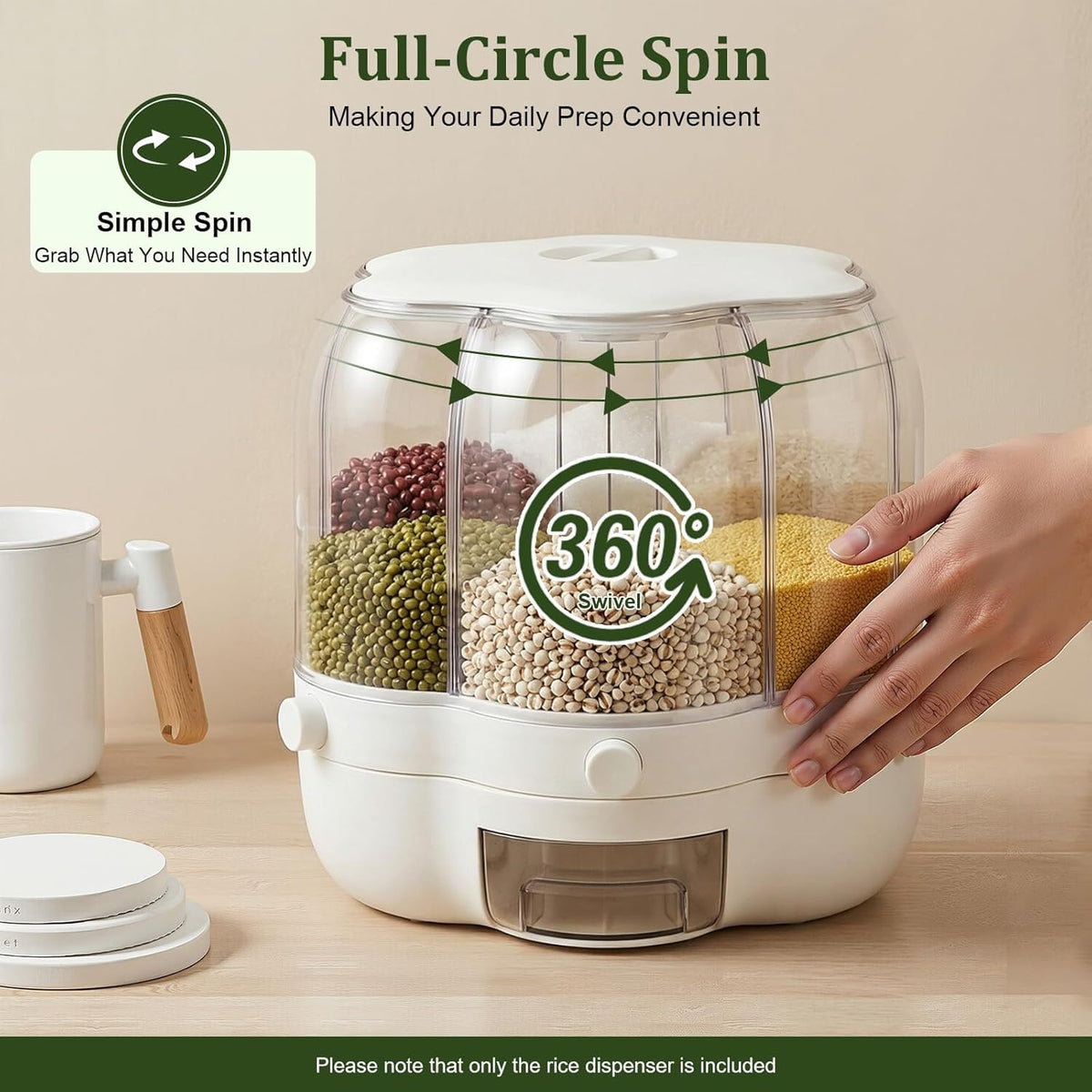 6 Compartment Rotating Rice Dispenser, Grain Storage Container for Dry Food, Cereal, Bean, Flour, Kitchen Countertop Pantry Organizer with Press Button Outlet, Clear Body, 17.64 lbs Capacity