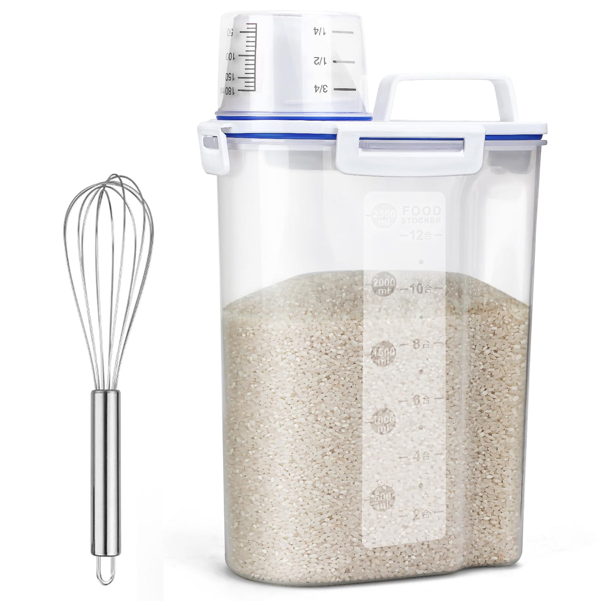 Uppetly Rice Airtight Dry Food Storage Containers, BPA Free Plastic Storage Bin Dispenser with Pourable Spout, Measuring cup for Cereal, Flour and Baking Supplies, Include a Stainless Steel Whisk