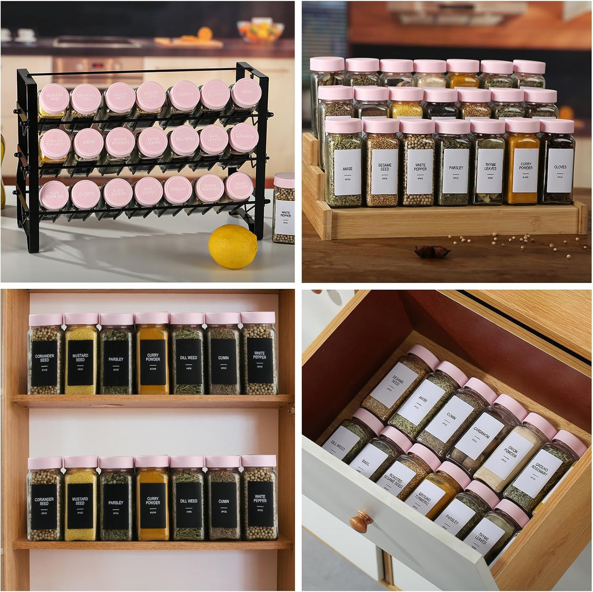 24 Glass Spice Jars with Labels, Spice Jar Set, 4oz Seasoning Containers, Spice Containers with Pink Airtight Lids and Shaker Lids, Square Empty Spice Bottles, 492 Labels, 1 Funnel