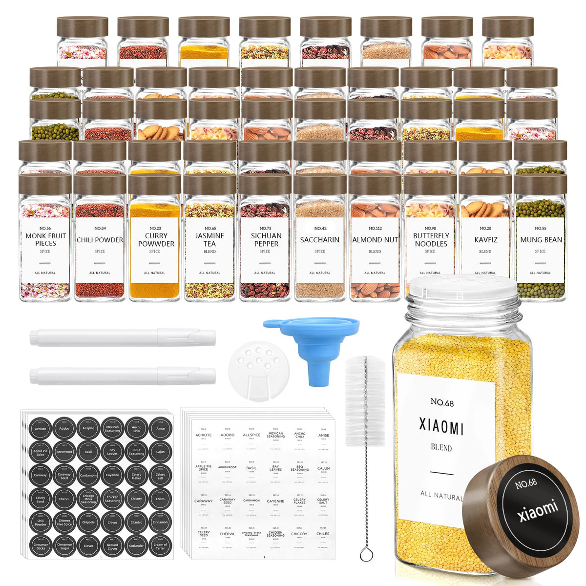 ZEHIQ 12Pcs 4oz Square Glass Spice Jars with Labels and Acacia Wood Lids