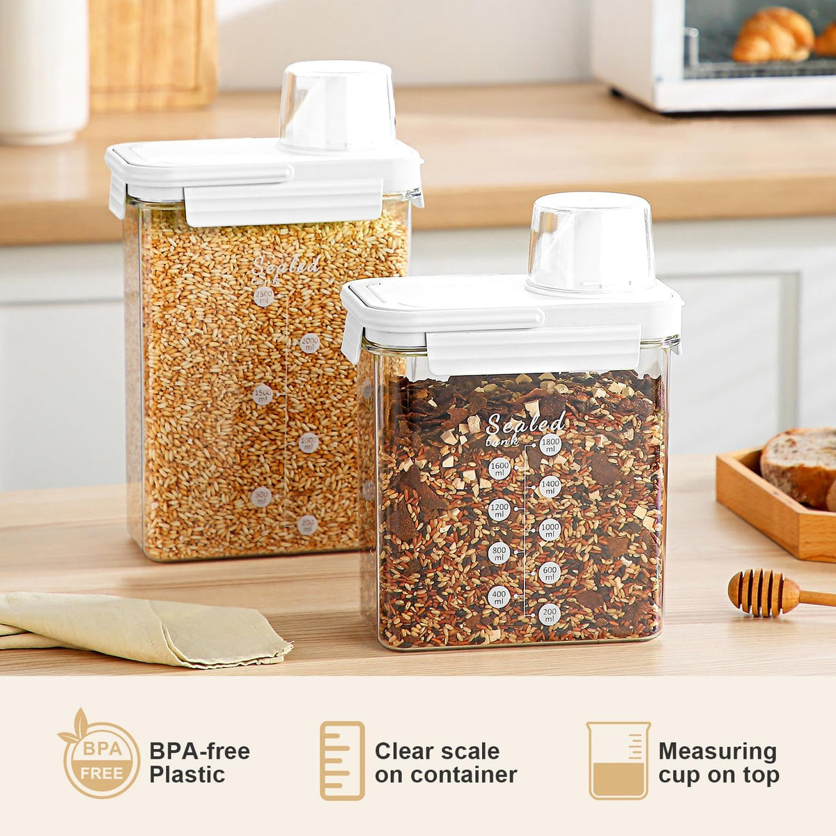 Hongya Rice Container, Airtight Rice Storage Container, Portable Pet Food Storage Containers with Measuring Cup, 4 to 8lbs Cereal Containers Storage for Kitchen Pantry Household, BPA-Free, White
