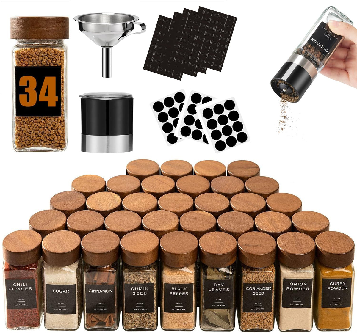 Yangbaga Glass Spice Jars with Labels, 14pcs 4oz Seasoning Organizer Jars