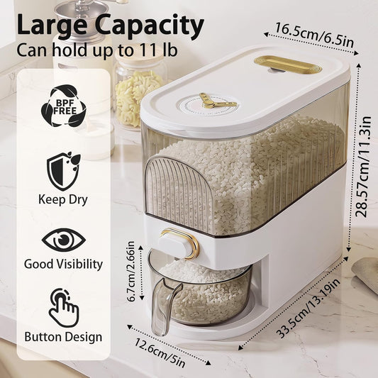 11lb Rice Dispenser – Airtight Rice Storage Container with Date Dial & Measuring Cup, Cereal Dry Food Storage Containers for Kitchen Pantry Household, BPA-Free