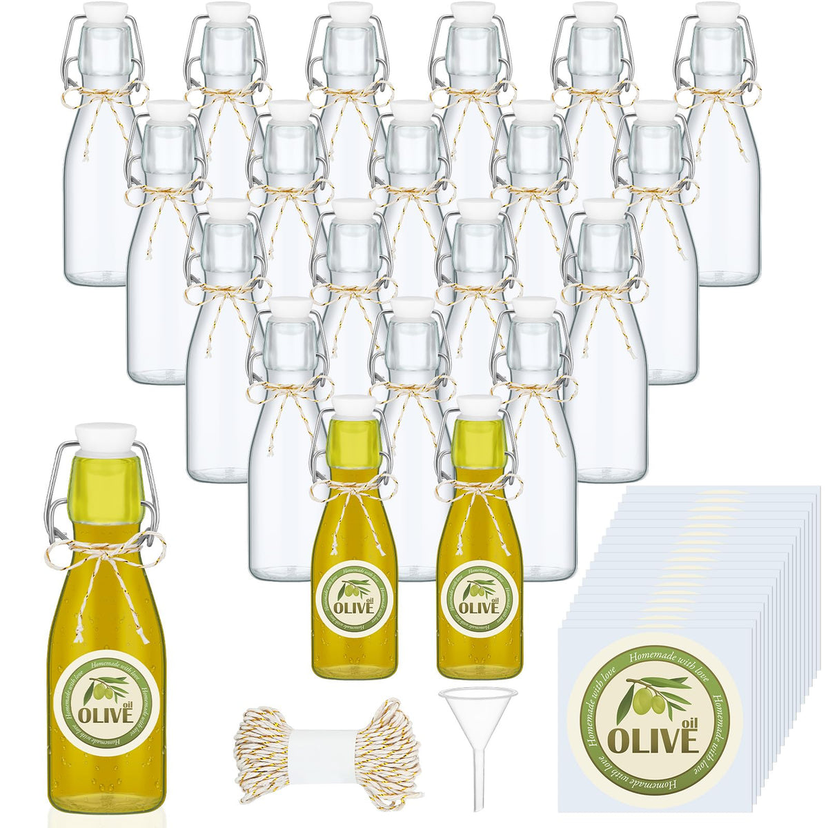 Queekay 20 Pack Mini Swing Top Glass Bottles with Labels