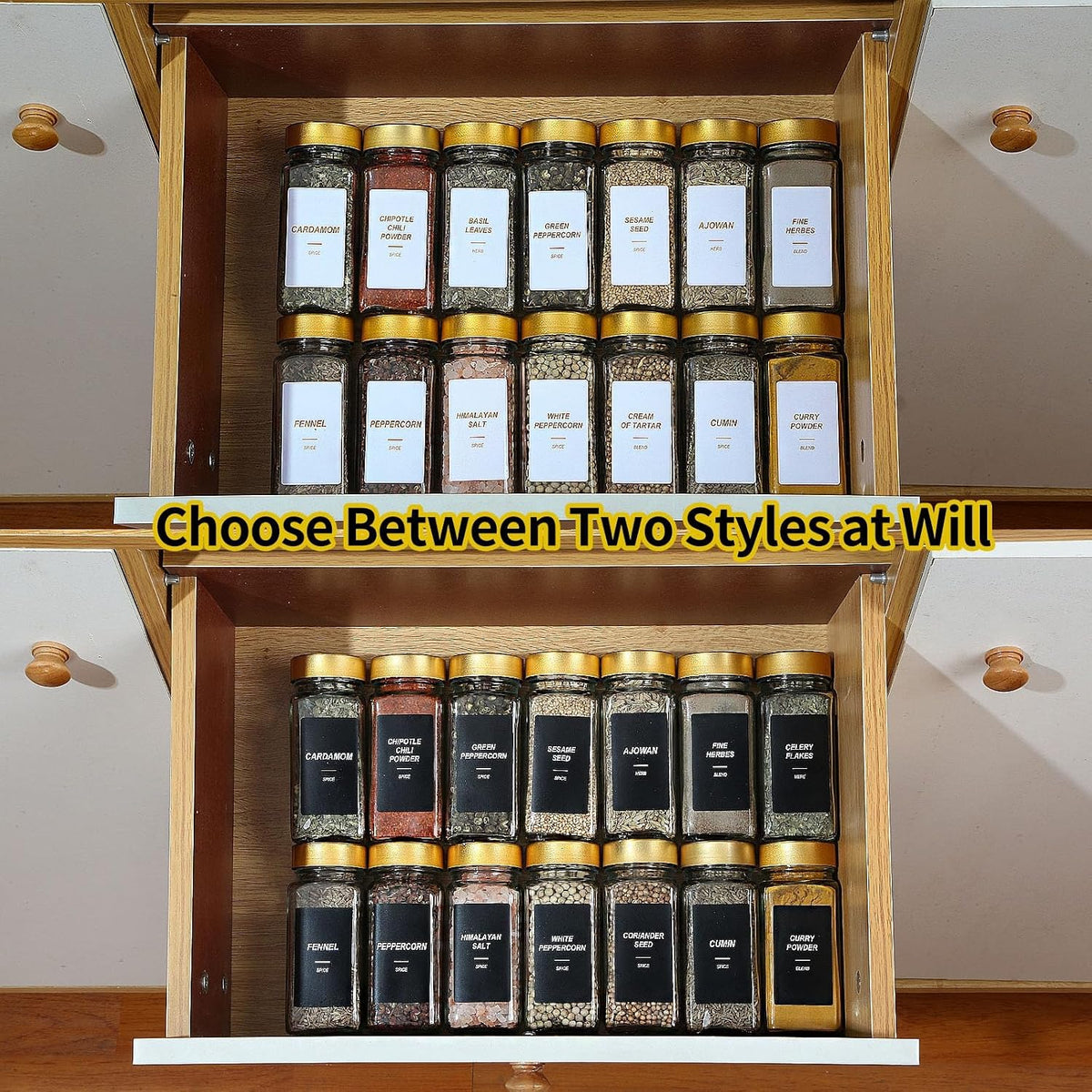 24 Gold Spice Jars with Labels, 4oz Seasoning Jars for Cabinets, Drawers