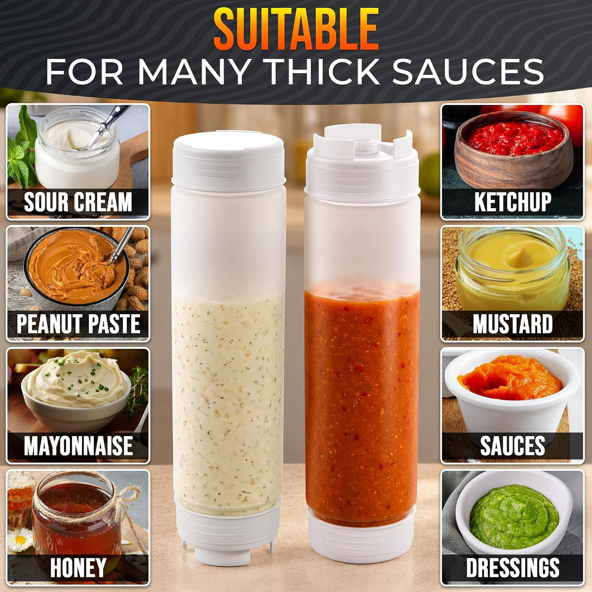 6-Pack Inverted Condiment Squeeze Bottles for Sauces 16 oz, Squirt Bottles