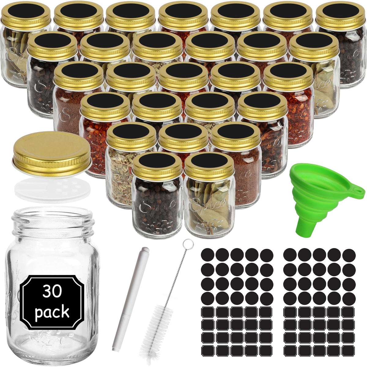 CycleMore 30 Pack 4oz Round Glass Spice Jars with Shaker Lids & Metal Caps