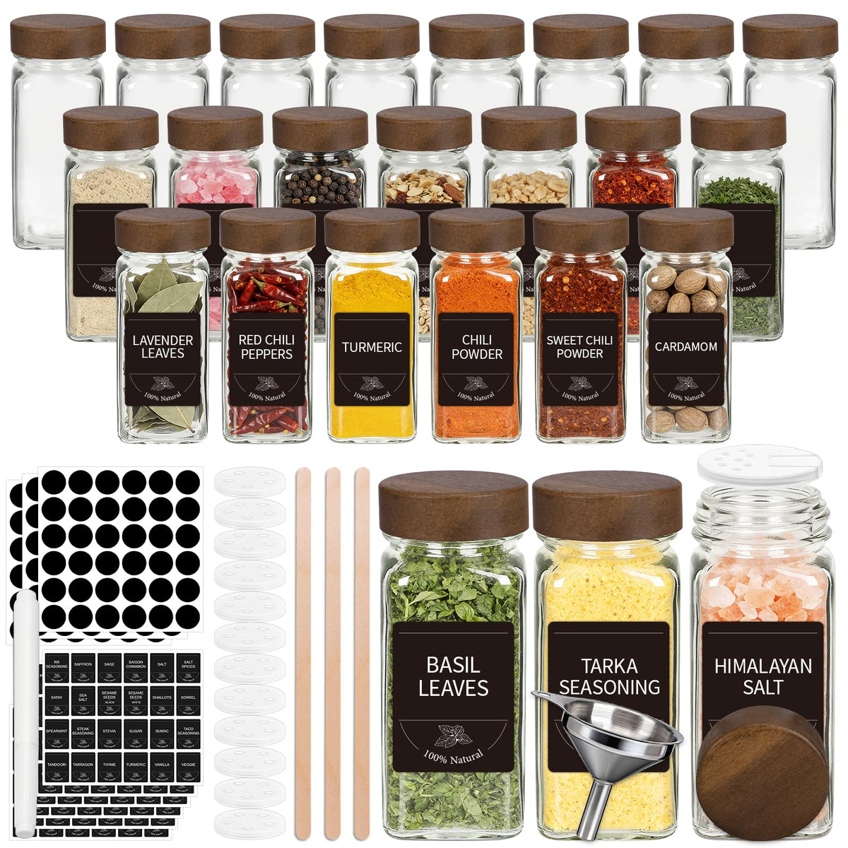 24 Pack Glass Spice Jars with Labels, 4oz Spice Containers with Bamboo Lids