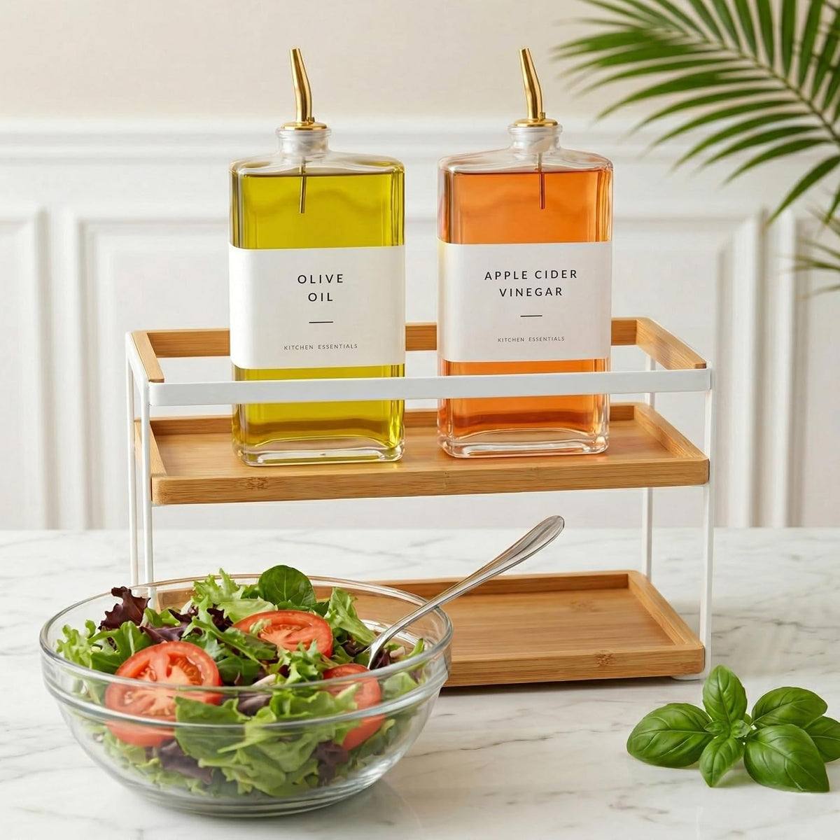 SAVVY & SORTED Glass Olive Oil Dispenser Bottle Set for Kitchen, 2PK Oil and Vinegar Dispenser Set with Gold Pourers and Labels, Cooking Oil Bottles for Kitchen Counter Decor, Set of 2