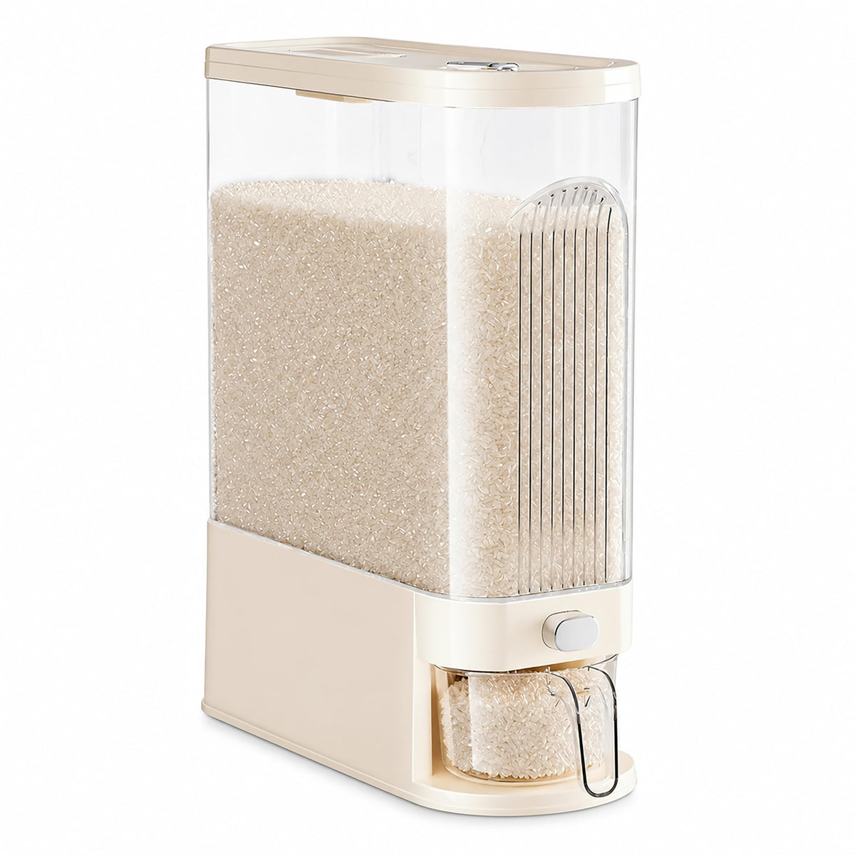 Slim Rice Dispenser with Manual Date Tracker, 11 Lbs Large Grain Storage Container for Kitchen Gap, 4.72" Wide Narrow Rice Bin with Measuring Cup, Beige