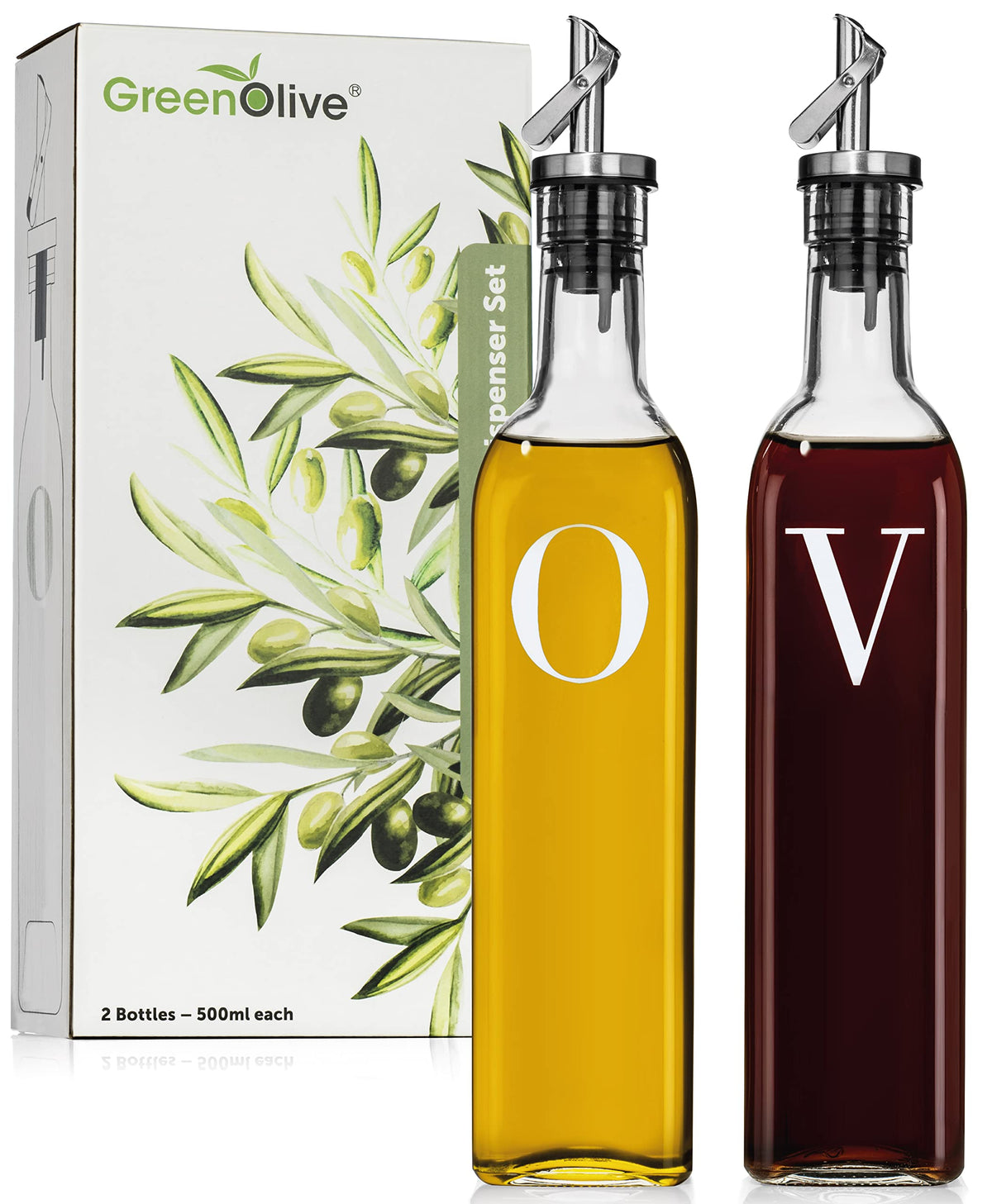 GREENOLIVE Olive Oil and Vinegar Dispenser Set - 17 oz. Glass Bottles with No-Drip BPA-Free Spouts - Stylish O and V Identifiers for Kitchen and Dining Use, Olive Oil Dispenser Bottle - Set of 2