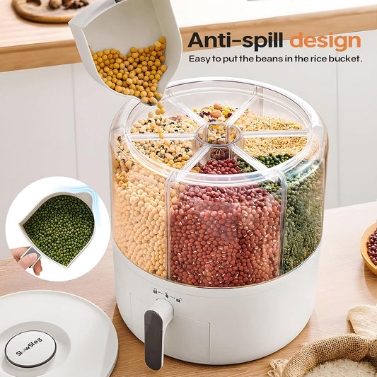 16lb Grain and Rice Storage Container, 360° Rotating 6 Grid Grain Dispenser