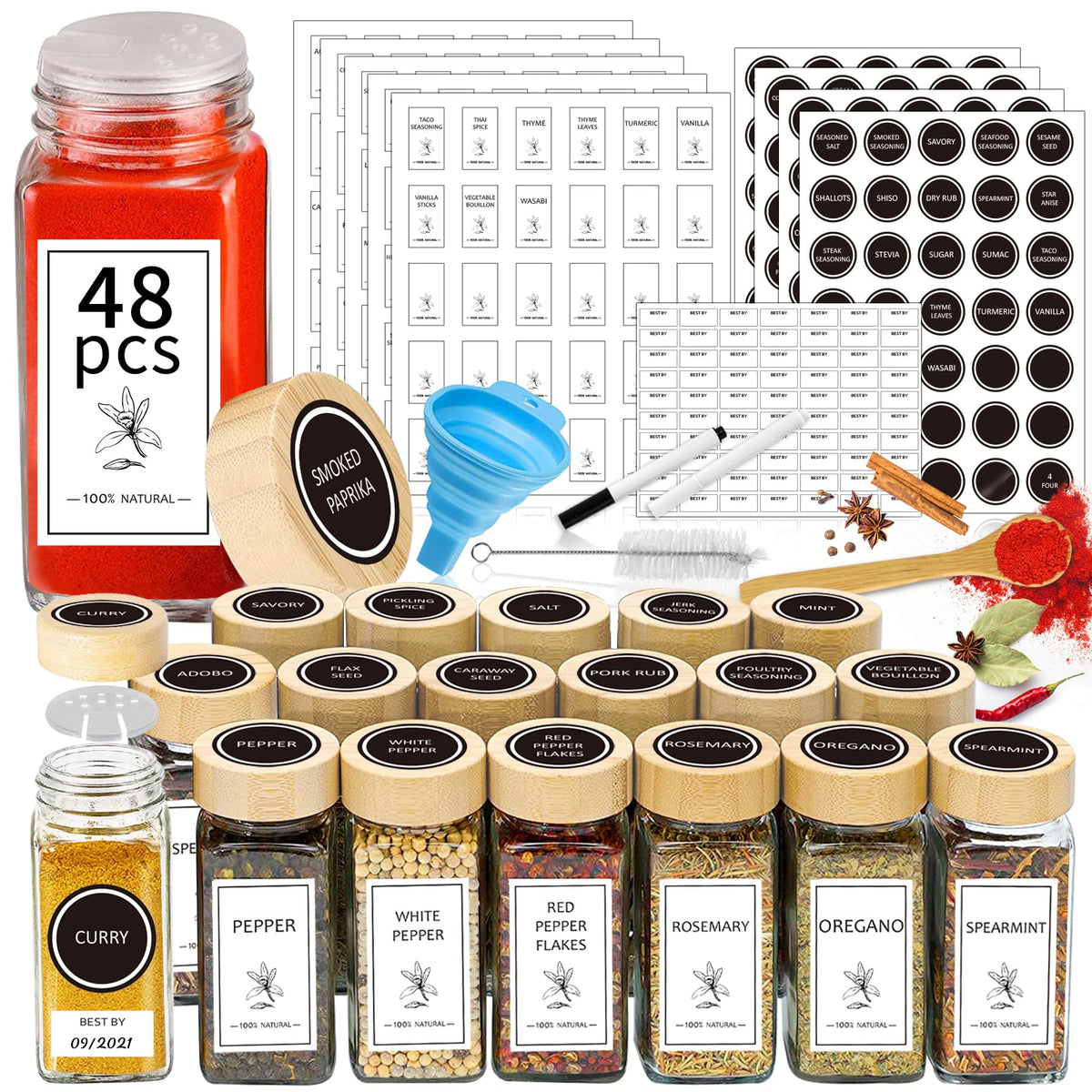 Aliggbent Spice Jars with Labels 36 Pcs 4 oz Glass Bamboo Lids Shaker Set