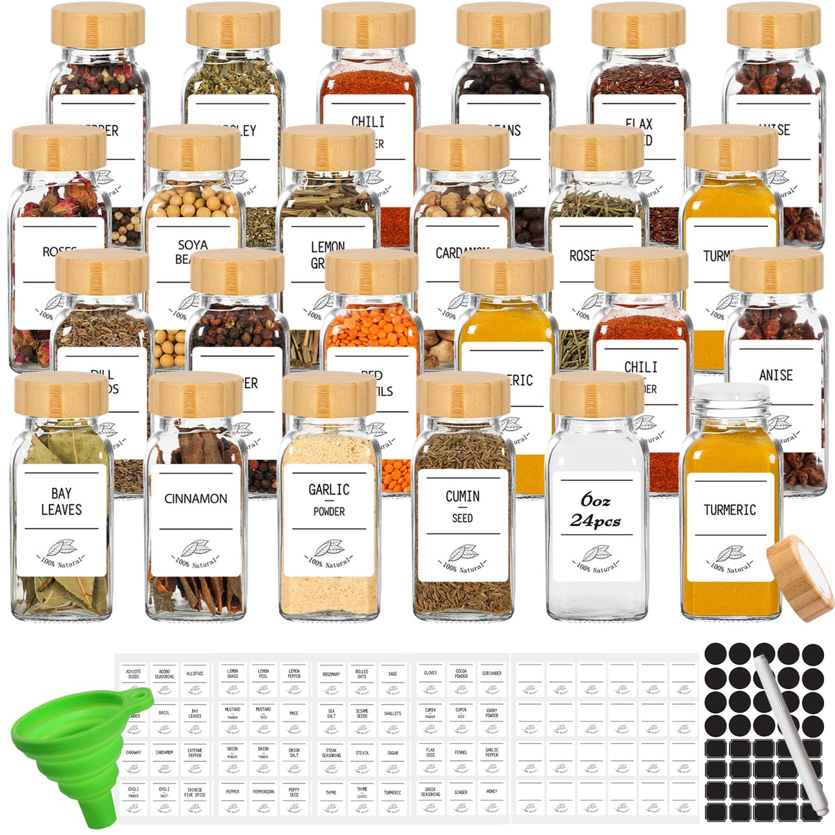 16 Pack 6 oz Glass Spice Jars with Bamboo Lids and Spice Labels