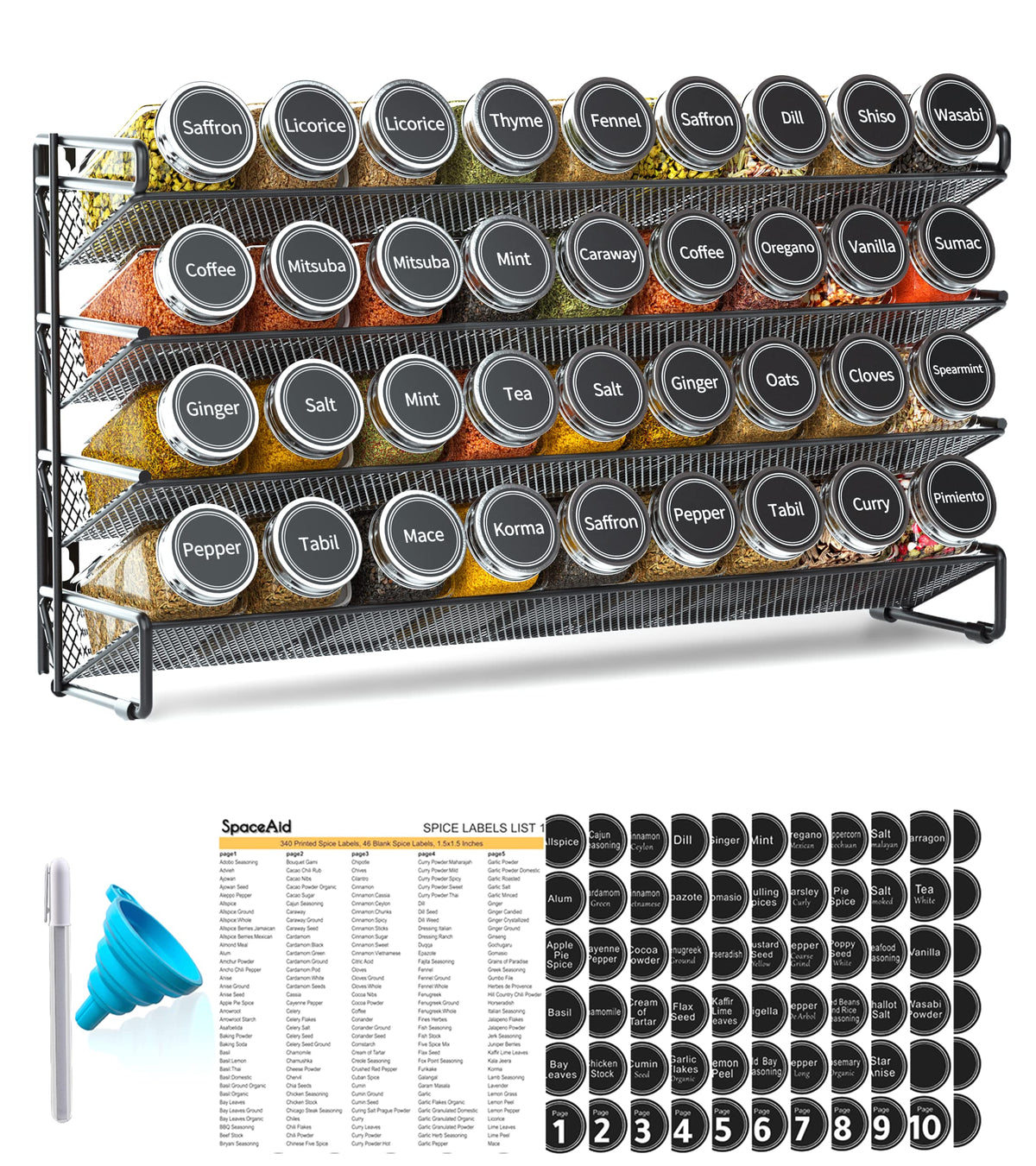 SpaceAid Spice Rack Organizer with 28 Spice Jars, 386 Spice Labels, Chalk Marker and Funnel Set for Cabinet, Countertop, Pantry, Cupboard or Door & Wall Mount - 28 Jars, 13.4" W × 10.8" H, Black