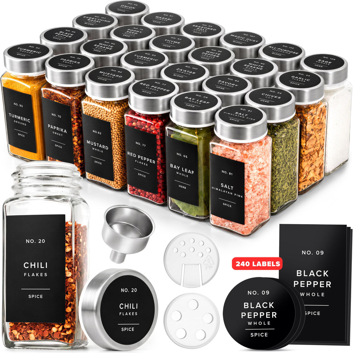 EDELHAUS Glass Spice Jars with Label, 24x Stainless Steel Lids
