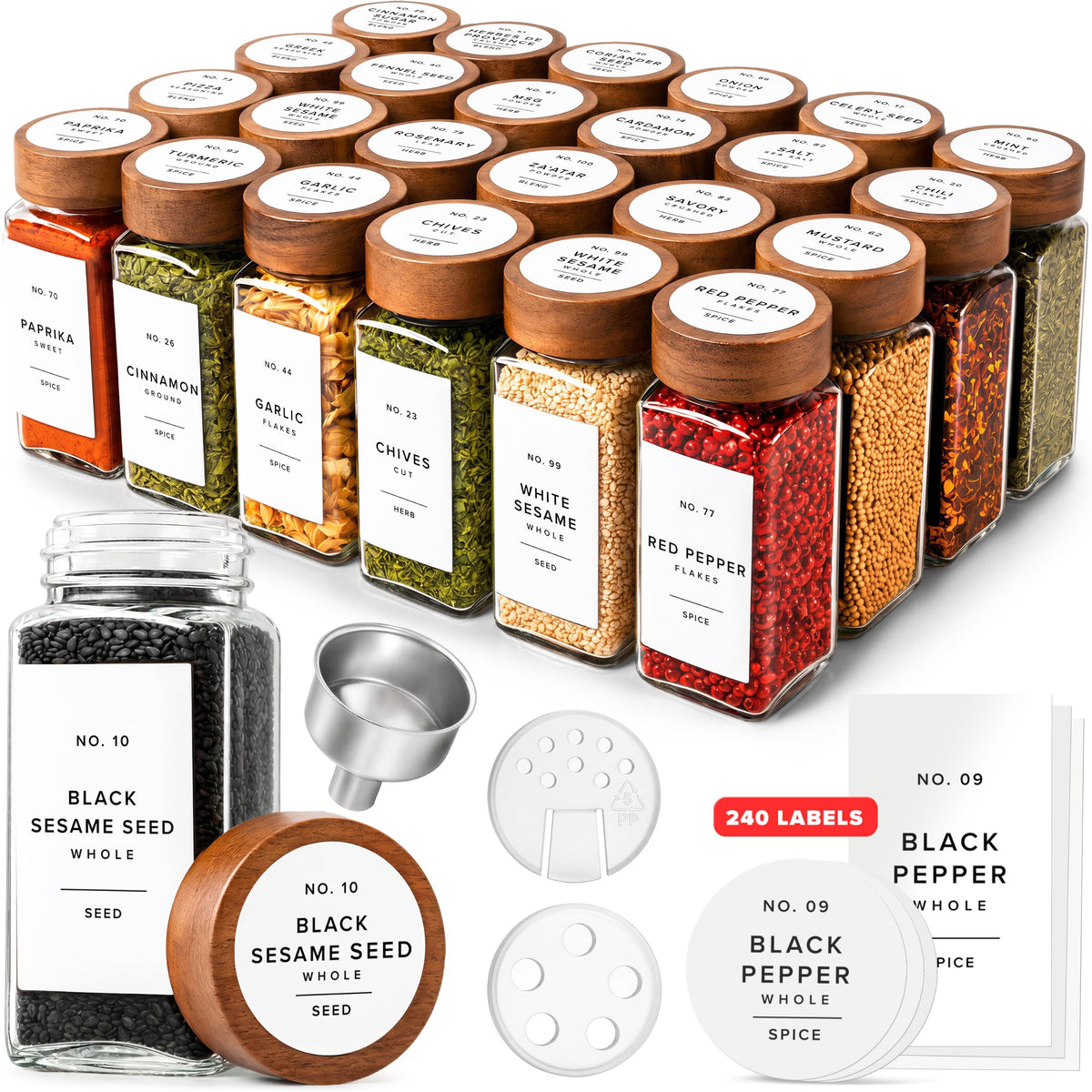 EDELHAUS Glass Spice Jars with Label, 24x Acacia Wooden Lids - White Labels