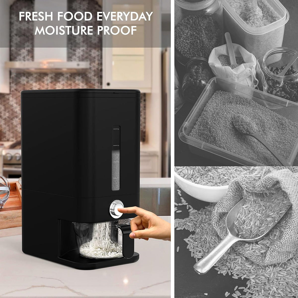 25lb Rice Dispenser - Air Tight Grain & Rice Container With Smart Quantity Dispense, Measuring Cup - NEW Black Design Grain Storage Container.