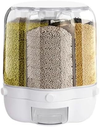 6-Compartment Rotating Rice Dispenser, 27lbs Storage Container for Dry Food