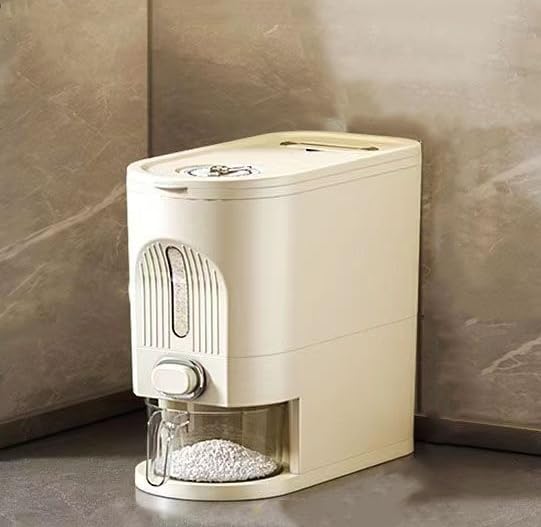 IEEK 25 Lbs Rice Dispenser, Large Cereal Dry Food Storage Containers with Measuring Cup and Lid,Moisture Proof Airtight Food Dispenser Bucket for Rice,Corn,Coffee Bean,Grain,Soybean and Oatmeal,White