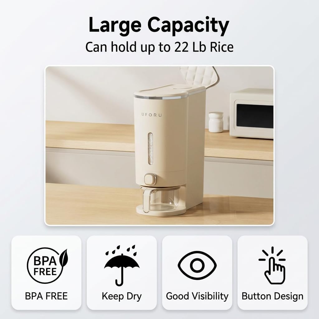 Rice Dispenser With Measuring Cup,Kitchen Grain Storage Container,Pantry&Home Dry Goods Storage Box (22-Pound)