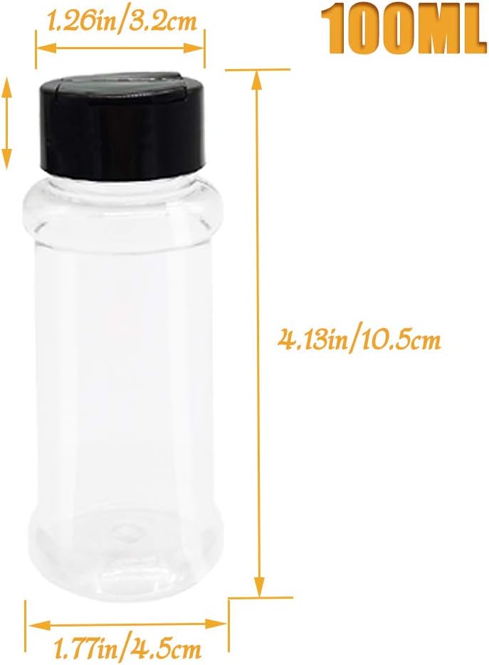 OJYUDD 16 Pack 3.4oz/100ml Plastic Spice Bottles Set,Empty Seasoning Containers with Black Cap,Clear Reusable Containers Jars for Spice,Herbs,Powders,Glitters