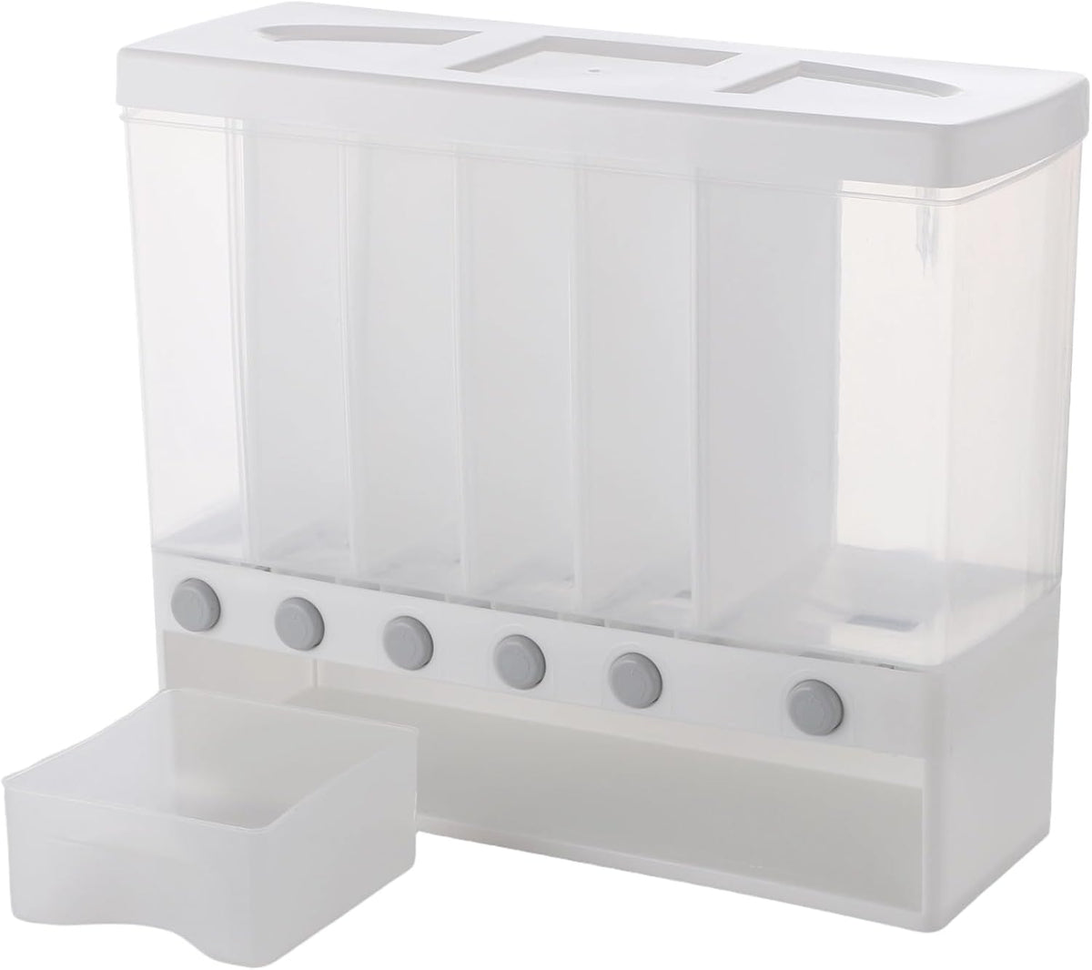 Wall Mounted 6-Grid Rice Dispenser, 22 lbs Large Capacity Dry Food Cereal Storage, Press Button Quantitative Output with Transparent Drawer for Kitchen Pantry Organization