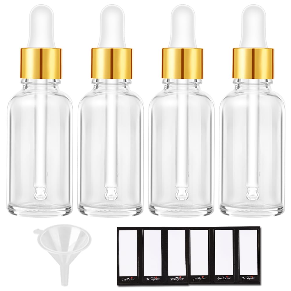 PrettyCare Glass Eye Dropper Bottles 24 Pack, 1oz (30ml) Clear Empty Thick Bottles Bulk with Leakproof Golden Caps - With Labels & Funnels for Storage, Travel, Essential Oils, Cuticle Oils, Tinctures