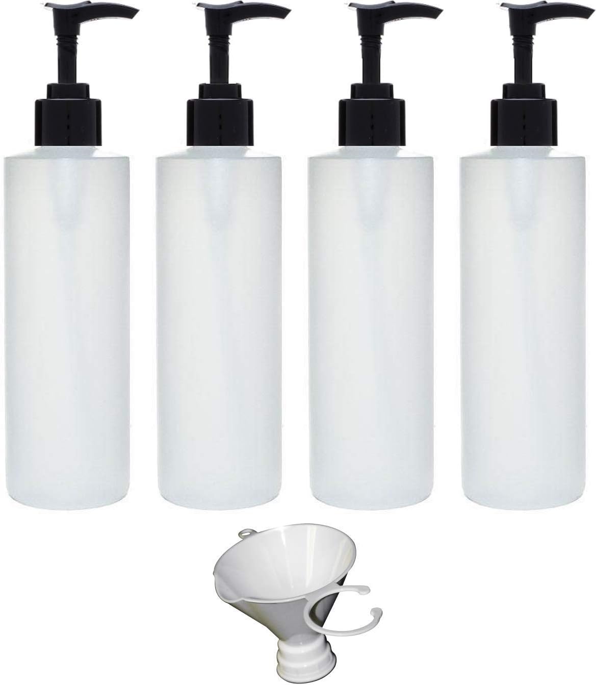 Earth's Essentials Four Pack of Refillable 8 Oz. HDPE Plastic Pump Bottles with Patented Screw On Funnel-Great for Dispensing Lotions, Shampoos and Massage Oils.